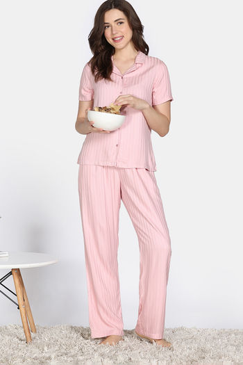 Buy Zivame Sugar Stripes Woven Pyjama Set - Coral Blush